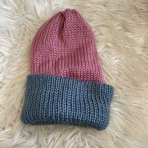 Pink and blue reversible knitted beanie hat unisex colorful stretchy OS cap warm